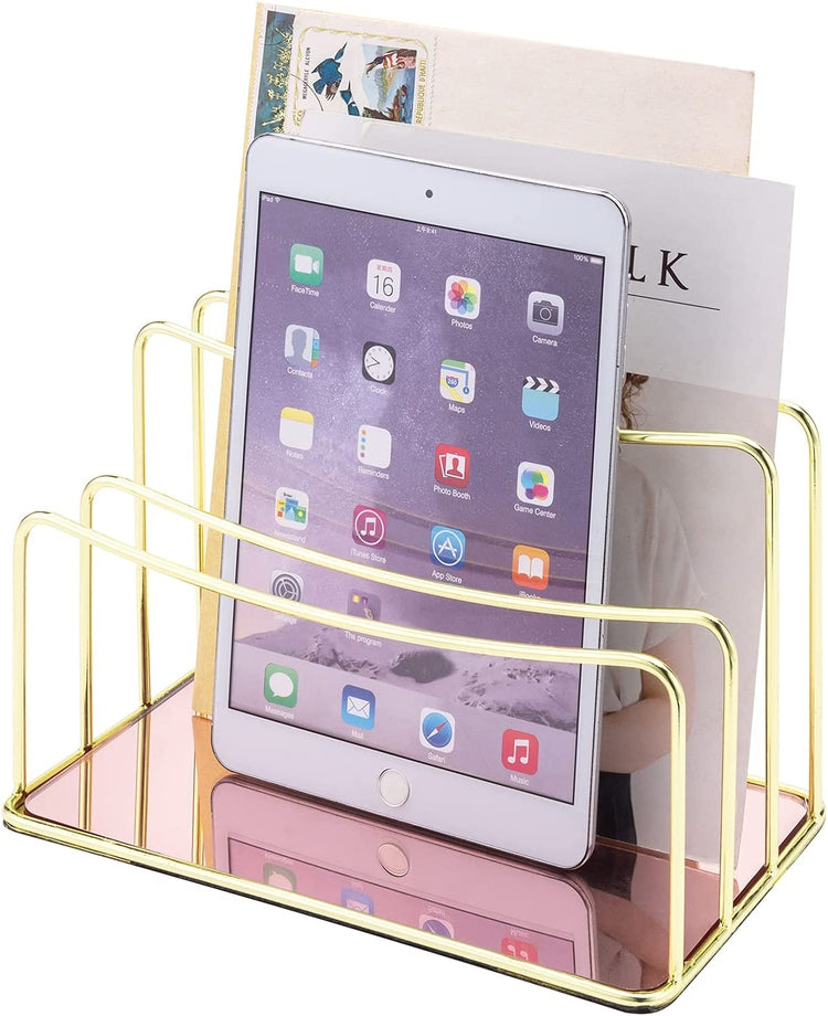 2 Slot Brass Tone Metal Wire Mail Sorter Organizer, Letter Holder with Reflective Rose Gold Base-MyGift