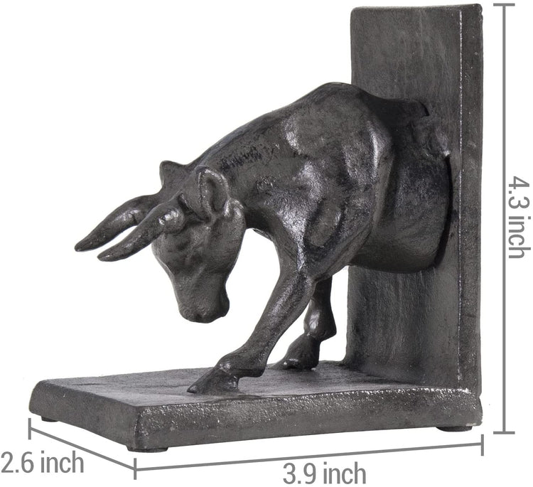 Dark Brown Cast Iron Bookends for Heavy Books, Sculptural Wall Street Raging Bull Design Book Stand, 2 Piece Set-MyGift