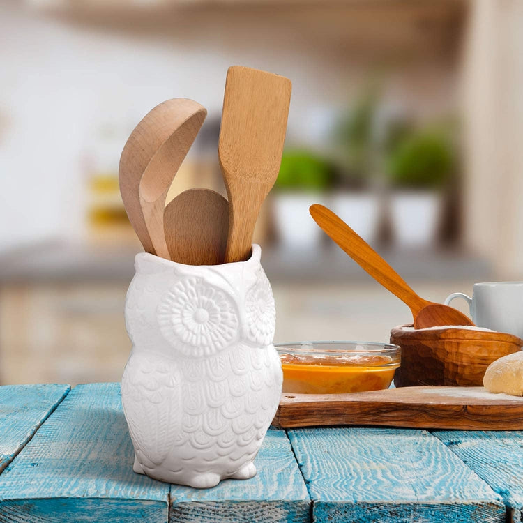 White Owl Ceramic Cooking Utensil Holder, Multipurpose Kitchen Storage Crock-MyGift