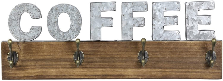 Wall Mounted Coffee Mug Rack with 8 Hooks, Rustic Burnt Wood with Galvanized Silver Metal Hanging COFFEE Sign Cup Holder-MyGift
