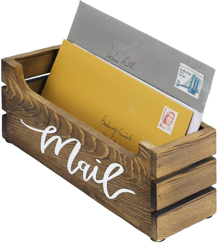 Burnt Wood Crate Style Tabletop Mail Sorter, Bin Organizer Box with White Cursive "Mail" Lettering-MyGift