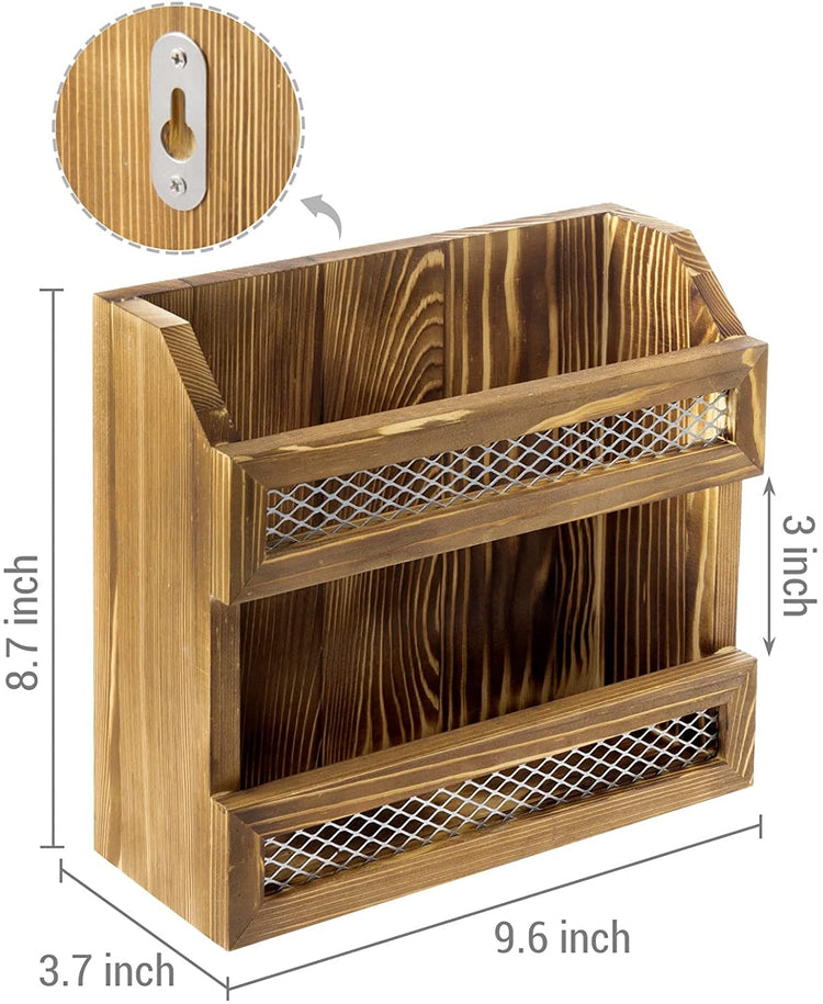 Burnt Wood Magazine Holder with Chicken Wire Rail, Wall Mountable Storage Organizer Rack for Upright Magazine Display-MyGift