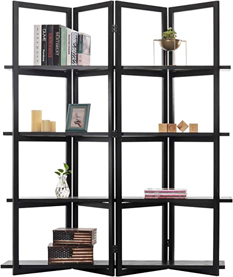 4 Tier Black Display Shelf Rack, Wood Room Divider with 4 Shelves-MyGift