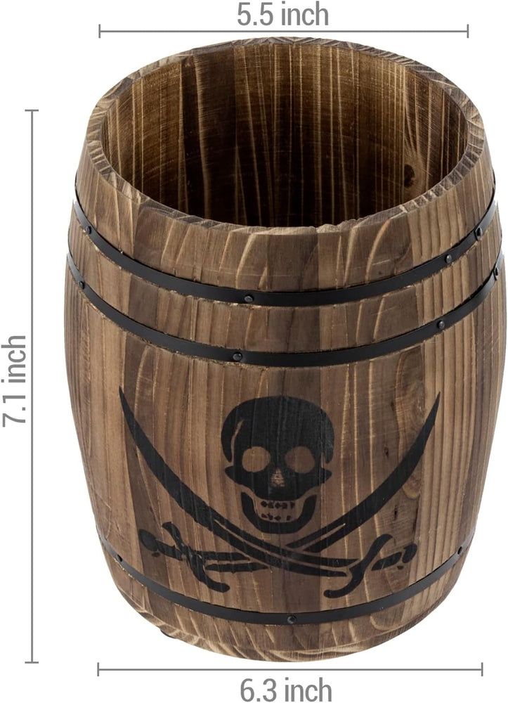 Burnt Wood Pirates Rum Cask Utensil Crock, French Wine Barrel Cooking Tool Holder with Skull and Cutlass Sword Design-MyGift