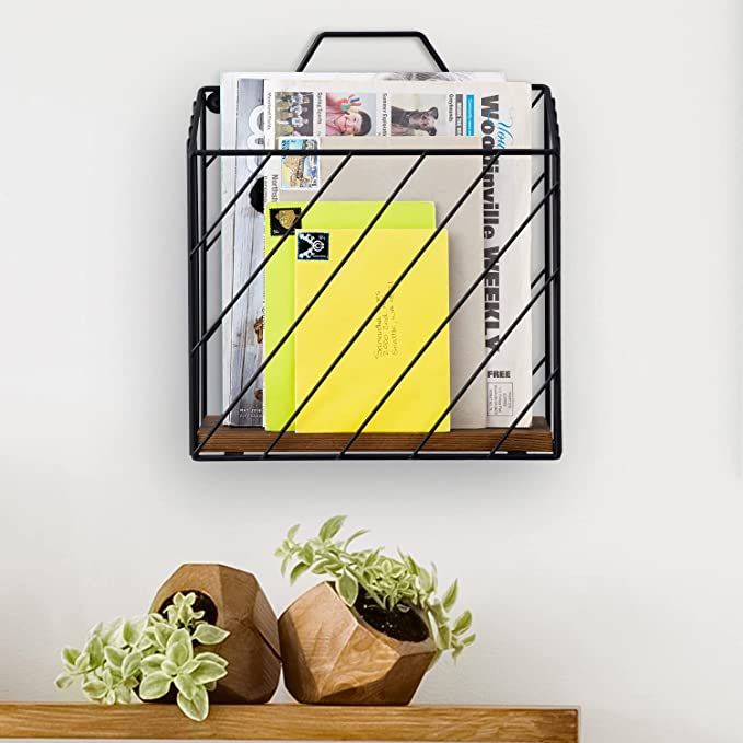 Black Metal Document Holder Storage Basket, Magazine Rack with Rustic Burnt Wood Base-MyGift