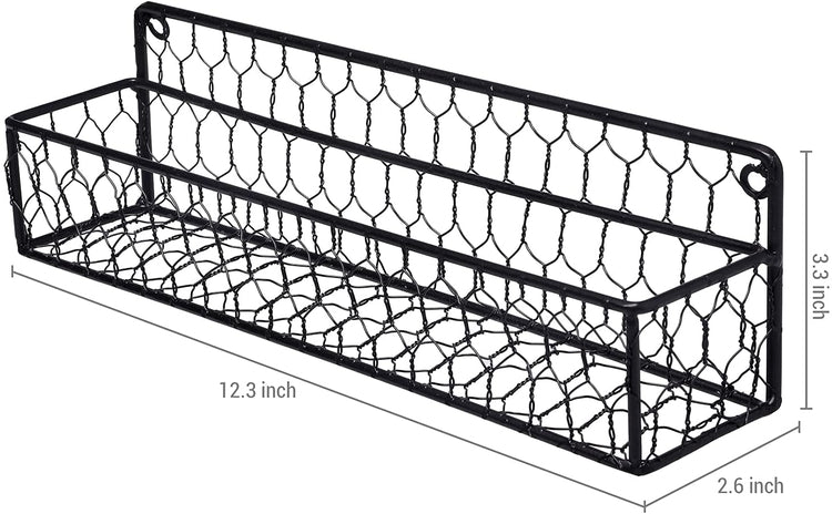Set of 4, 12-inch Black Chicken Wire Wall Mounted Spice Rack, Kitchen Storage Shelves-MyGift