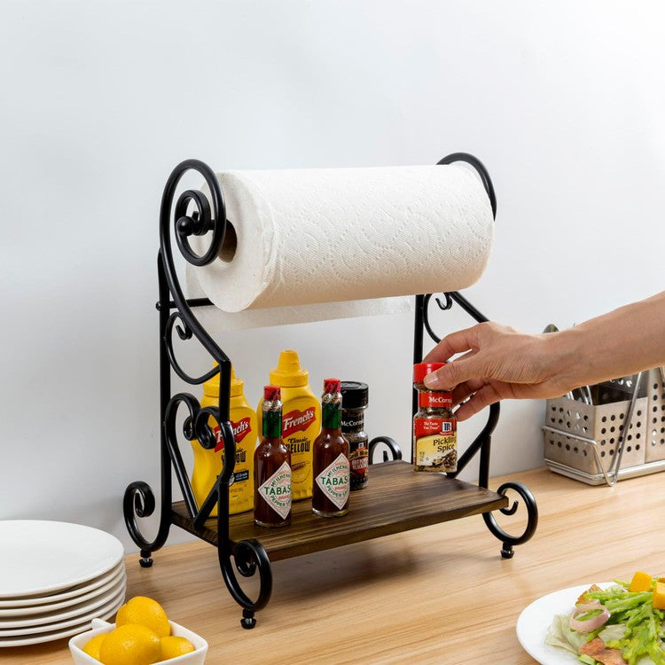 Freestanding Black Metal Heart Scrollwork Paper Towel Holder with Burnt Wood Shelf for Spice Jars and Condiment Bottles-MyGift