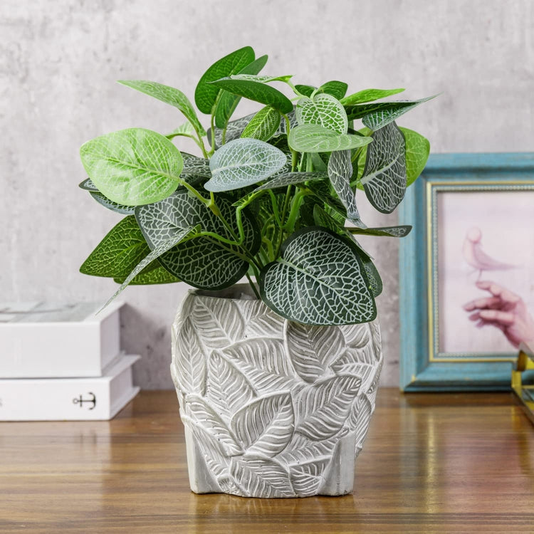 Indoor Artificial Plant, Fake House Plants in Decorative Embossed Leaf Pattern Planter Pot-MyGift