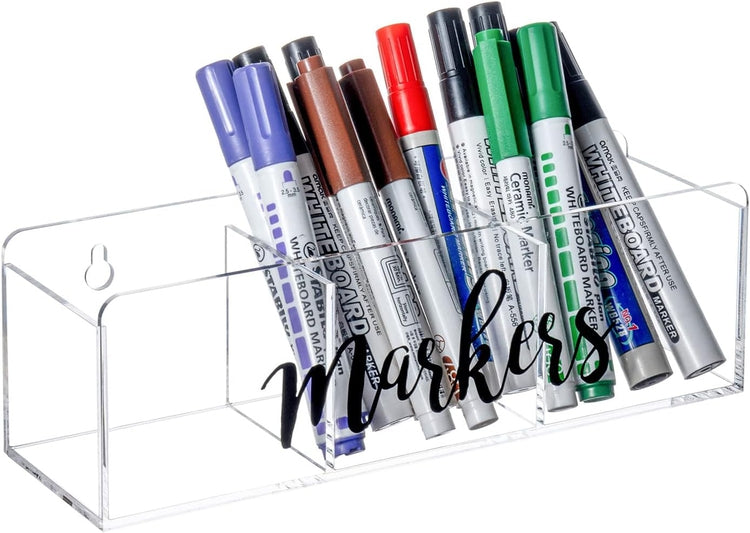 Clear Whiteboard Marker Holder with Black "Markers" Label, Wall Mounted or Tabletop Caddy for Dry Erase Accessories-MyGift