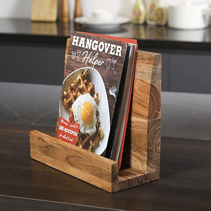 Rustic Cookbook Holder, Solid Acacia Wood Recipe Book Holder, Tabletop Wooden Cookbook Stand-MyGift