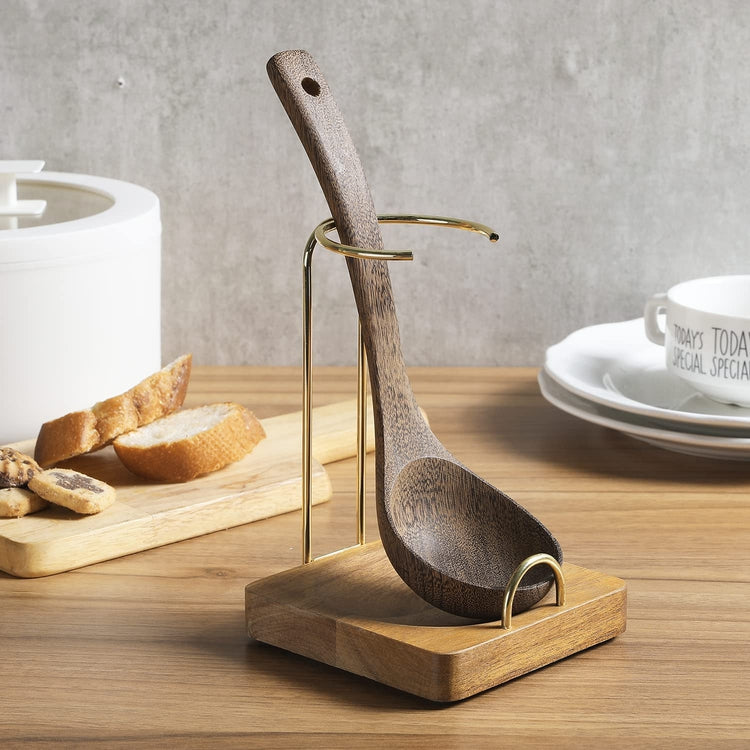 Upright Spoon Rest, Acacia Wood and Brass Tone Metal Wire Vertical Standing Ladle Holder-MyGift