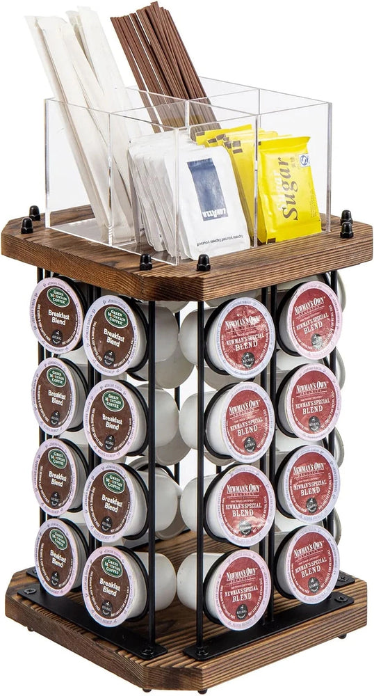 Rotating Coffee Pod Holder Burnt Wood and Black Metal Wire, Café Supplies Capsule Storage Rack Display Spinning Stand-MyGift