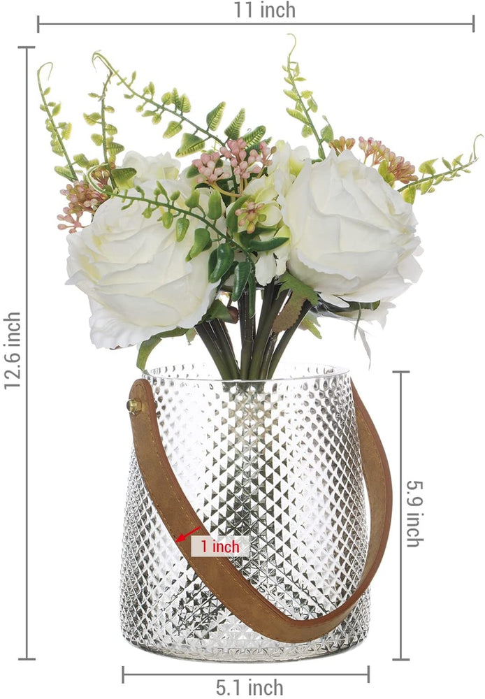 Artificial White Rose Bouquet Arrangement with Gray Tinted Diamond Embossed Glass Vase and Brown Leatherette Handle-MyGift