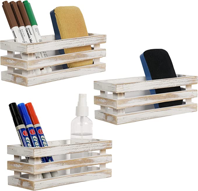 7 Inch Whitewashed Wood Magnetic Office Supplies Storage Crates,Whiteboard Accessories Holder Organizer Baskets, Set of 3-MyGift