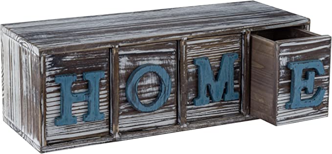Rustic Wood Home Sign Display Shelf with Block Letter Drawers, Floating Shelf with Storage Drawers-MyGift