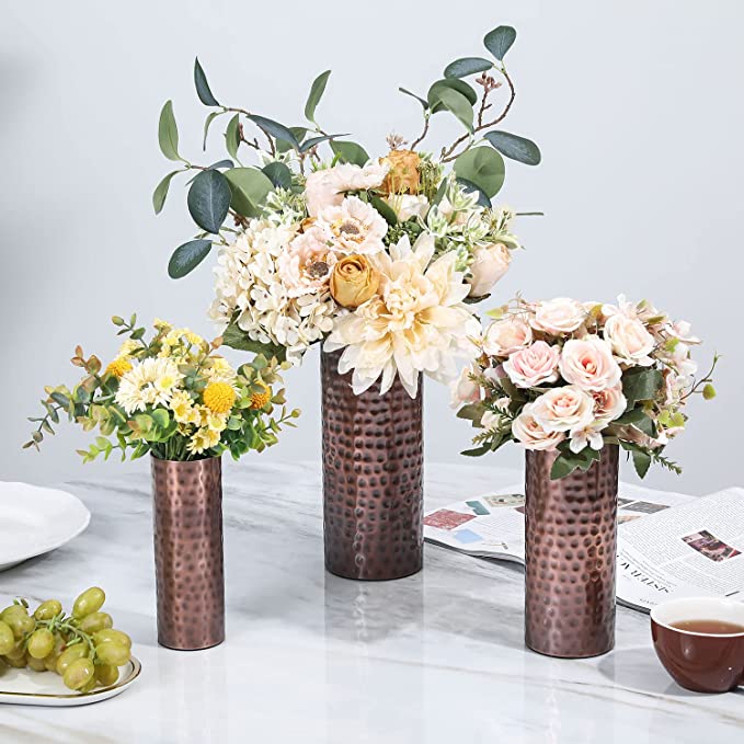 Decorative Flower Vases with Hammered Texture, Vintage Copper Tone Meta lCenterpiece, Set of 3-MyGift
