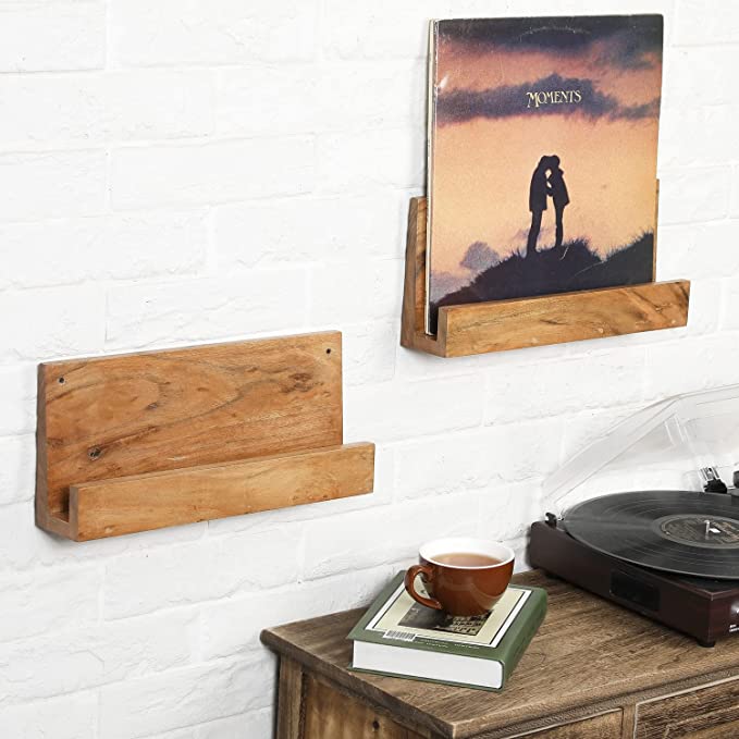 Wall Mounted Acacia Wood Vinyl Record Album Storage Racks, LP Record Holder Display Shelves, Set of 2-MyGift