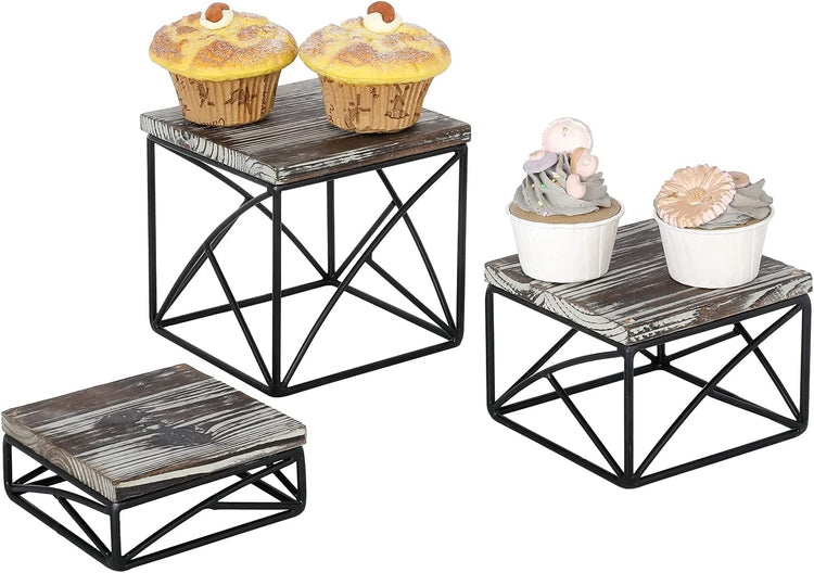 Set of 3, Square Torched Wood and Black Metal Wire Nesting Dessert Stands, Food Display Risers-MyGift