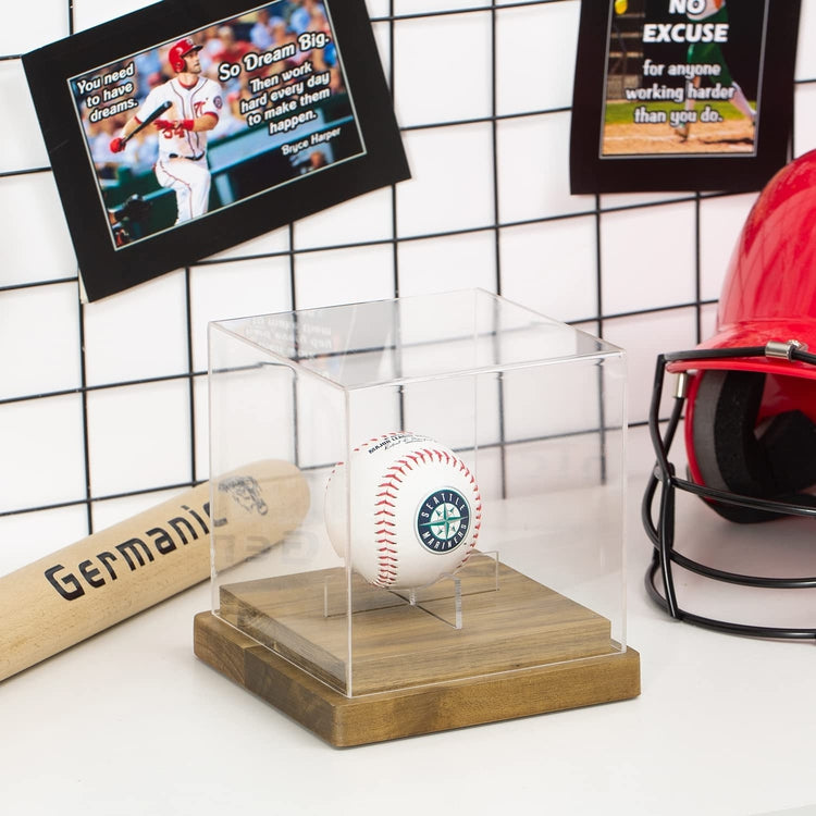 Autograph Baseball Display Case, Acacia Wood Base Memorabilia Collectors Box with Clear Acrylic Cover, Ball Holder Only-MyGift