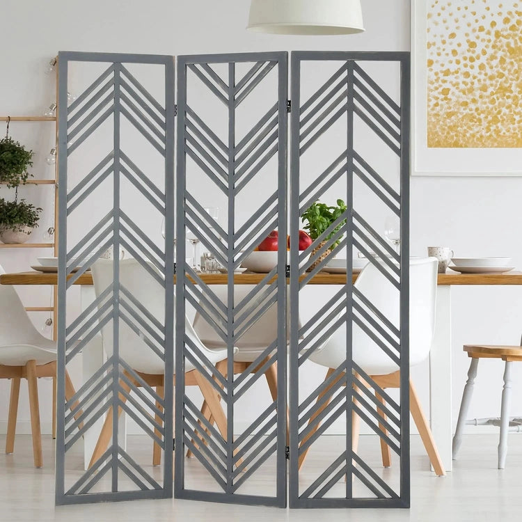 3 Panel Distressed Gray Wood Cut Out Chevron Design Room Divider, Standing Tri Fold Trellis Style Screen Partition-MyGift
