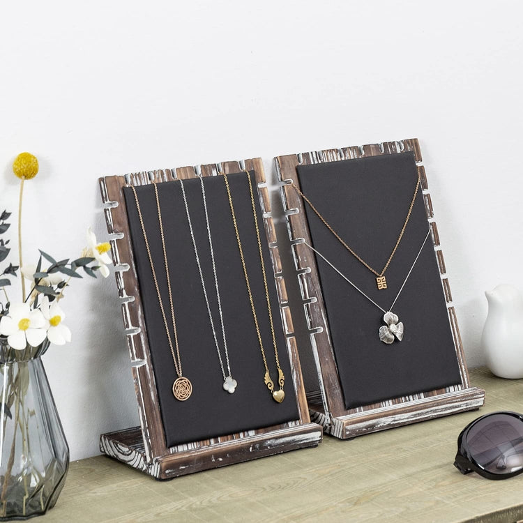 Set of 2, Torched Wood Jewelry Rack with Black Padded Mat on Removable Board, Necklace Bracelet Anklet Easel Stand-MyGift