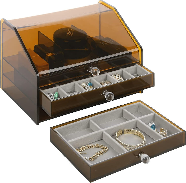 Amber Acrylic Jewelry Box with 2 Velvet Lined Jewelry Drawers, Display Case for Earrings, Rings, Necklaces, Bracelets-MyGift