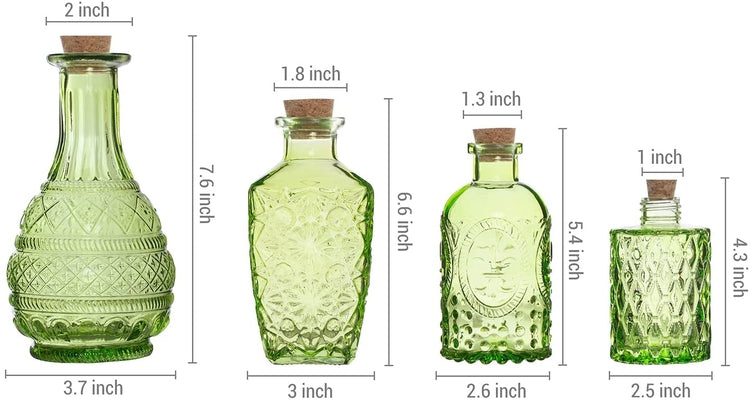 Set of 4, Embossed Green Glass Decorative Reed Diffuser Bottles with Cork Lids, Small Apothecary Style Flower Bud Vases-MyGift