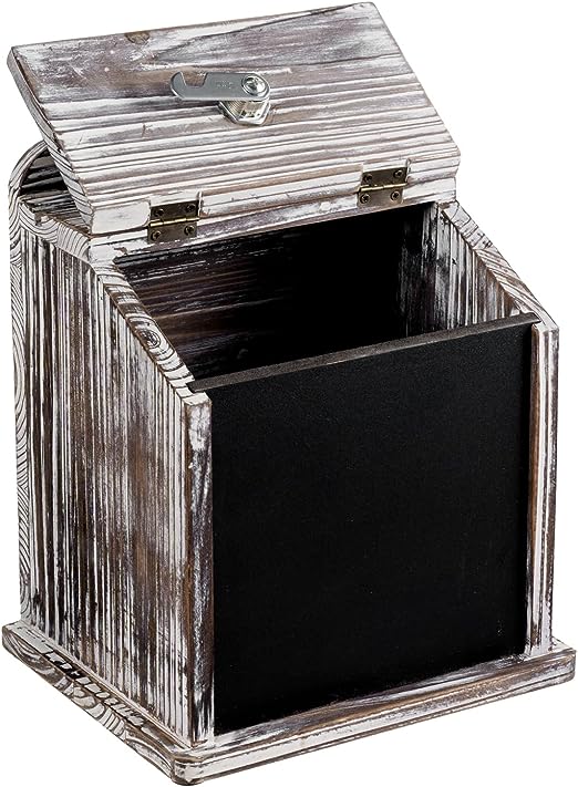 Brown Wood Suggestion Box with Chalkboard Panel and Removable Clear Acrylic Sign Holder, Lockable Box-MyGift
