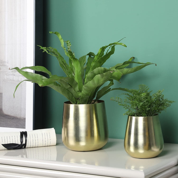 Set of 2, Flower Vase Brass Tone Brushed Metal Tapered Cylindrical Planter, Decorative Indoor Plant Pot-MyGift