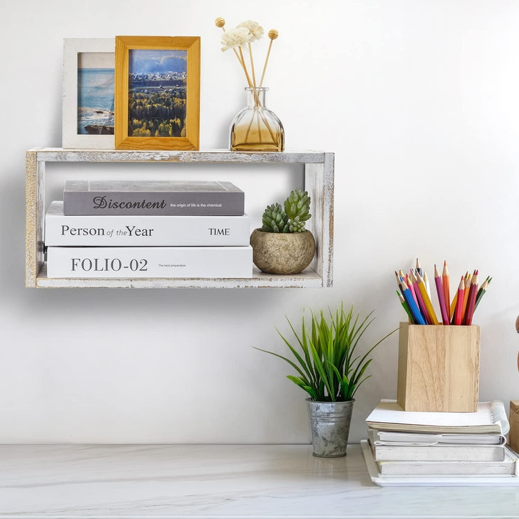 Whitewashed Wood Wall Mounted Floating Shadow Box Kitchen Shelf, Rectangular Wooden Display Shelf and Spice Storage Rack-MyGift