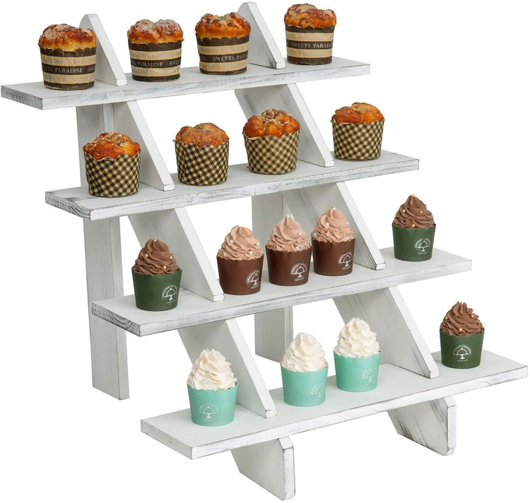 4-Tier Cascading White Wood Retail Display Riser Stand, Cupcake Dessert Stand-MyGift