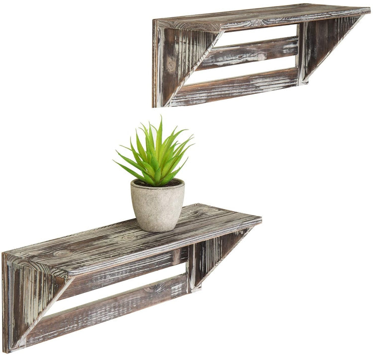 Set of 2, 16-Inch Torched Wood Wall-Mounted Storage Display Shelves-MyGift