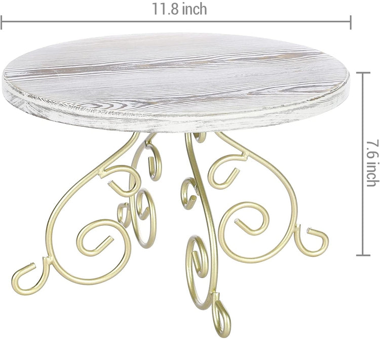 12-inch Wooden Cake Stand with Whitewashed Wood and Metal Scrollwork Design-MyGift