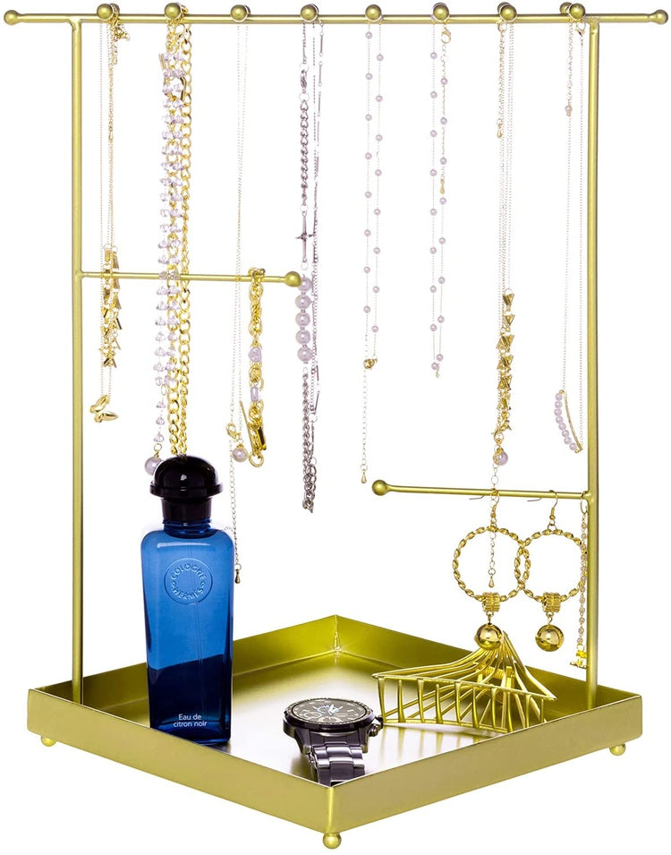 Brass Plated Metal Jewelry Tower, Tabletop Necklace and Bracelet Hanger Stand with Ring Dish Tray-MyGift