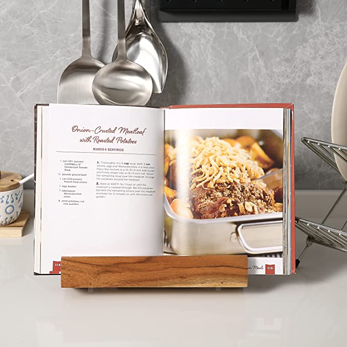 Natural Brown Acacia Wood Tabletop Cookbook Stand Holder & Tablet Stand with Kickstand-MyGift