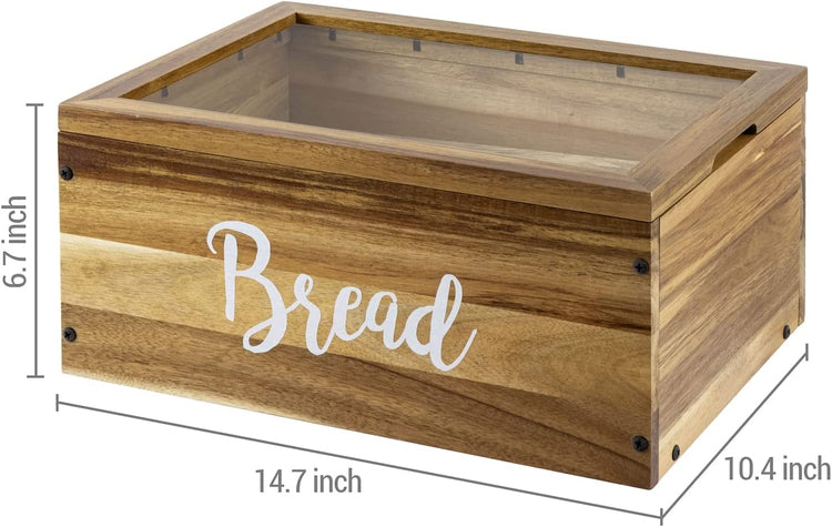14 Inch Acacia Wood Bread Box with Clear Acrylic Window Top Lid and White Cursive "Bread" Label for Kitchen Counter-MyGift