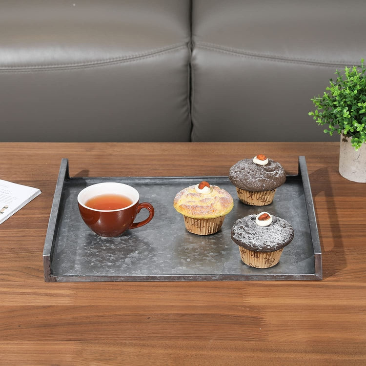 Large Galvanized Metal Serving Tray with Cutout Handles-MyGift