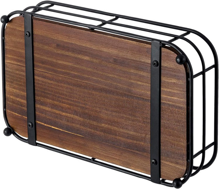 Black Metal Wire and Rustic Burnt Solid Wood Bathroom Folded Paper Towel Holder, Napkin Dispenser Tray-MyGift