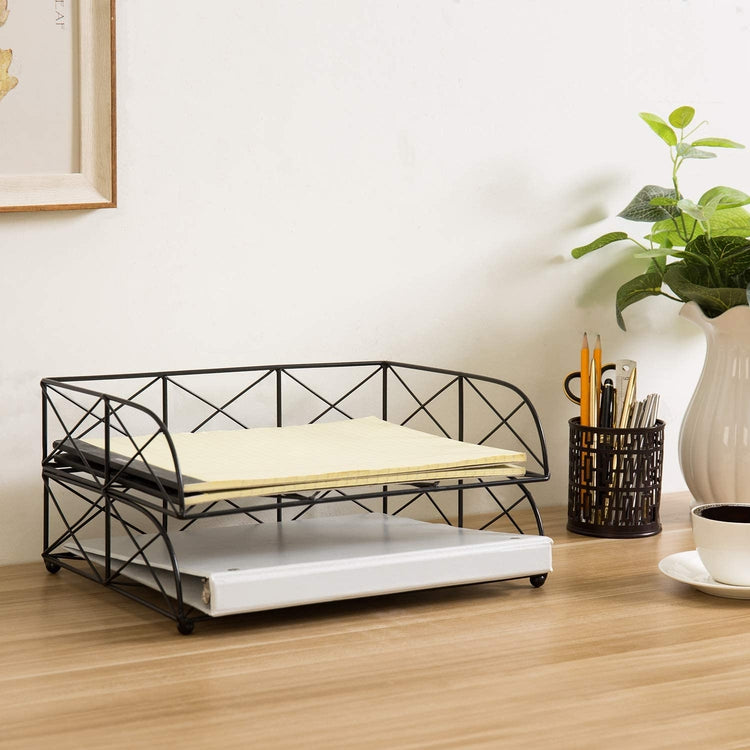 2-Tier Geometric Design Black Metal Wire Stacked Desktop Letter Document Tray-MyGift
