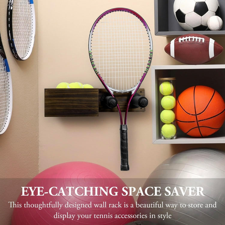 Wall Mounted Tennis Racket and Ball Rack, Burnt Dark Wood and Industrial Black Metal Pipe, Hanging Tennis Ball Basket-MyGift