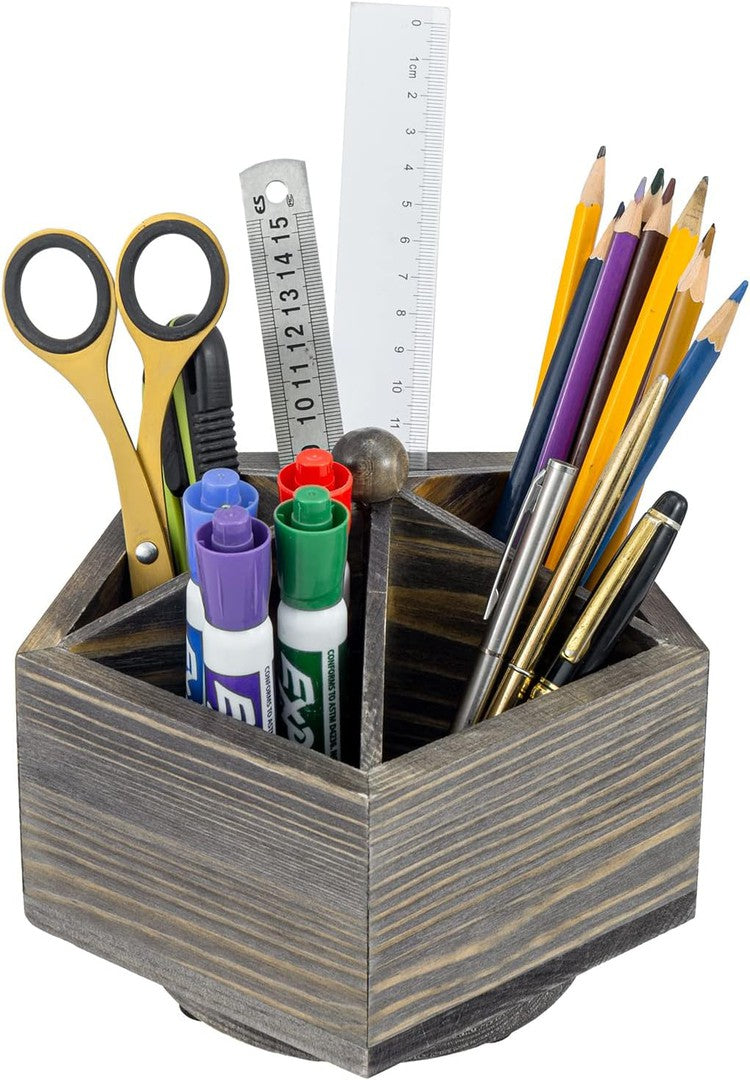 Gray Solid Wood Geometric Pentagon Shape Pen Holder and Office Stationery Storage Organizer-MyGift