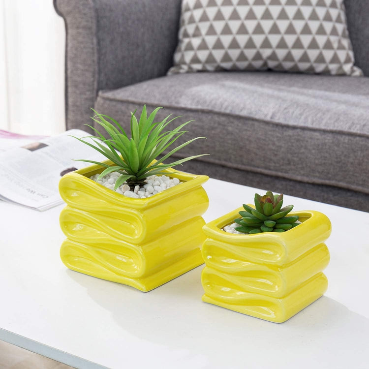 2 Pack of 4 and 5 Inch Modern Decorative Folded Design Yellow Ceramic Flower Succulent Planter Pots-MyGift