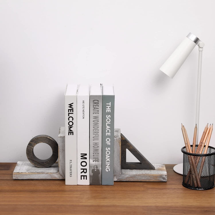 White Wood Geometric Bookends Decorative Desktop Book Stands with Circle and Triangle Design-MyGift