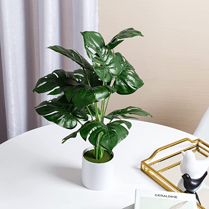 Artificial Tropical Palm Tree in Modern White Planter Pot, 20-inch Fake Garden Monstera Plant-MyGift