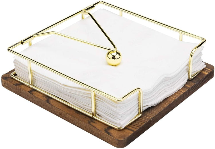 Modern Brass Tone Metal Square Napkin Holder with Weighted Arm and Burnt Wood Base-MyGift