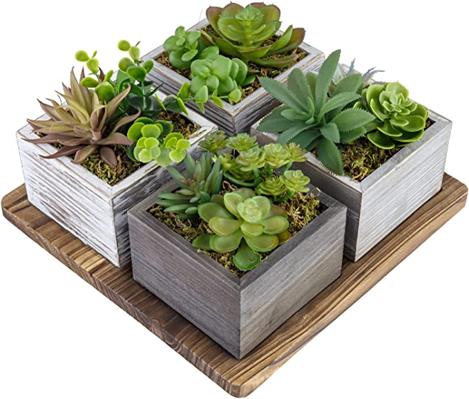 Rustic Wood Planter Boxes and Base Tray, Decorative Artificial Succulent, 5 Piece Set-MyGift