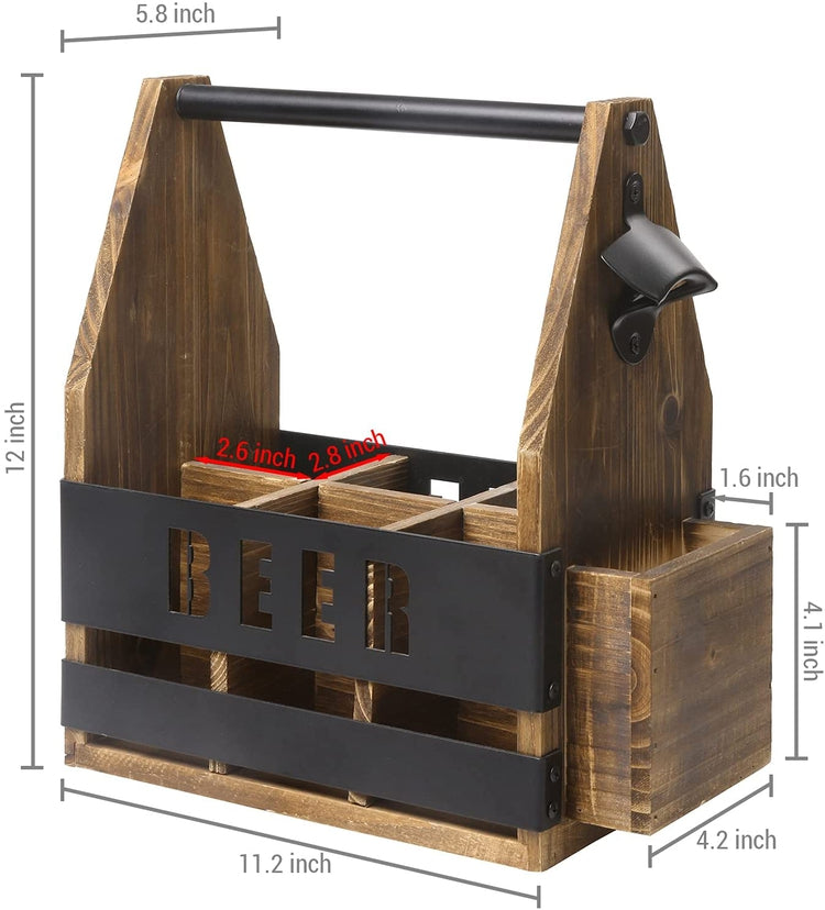 6 Slot Burnt Wood and Black Metal BEER Cutout Beverage Carrier, Beer Caddy with Bottle Opener and Cap Catcher-MyGift