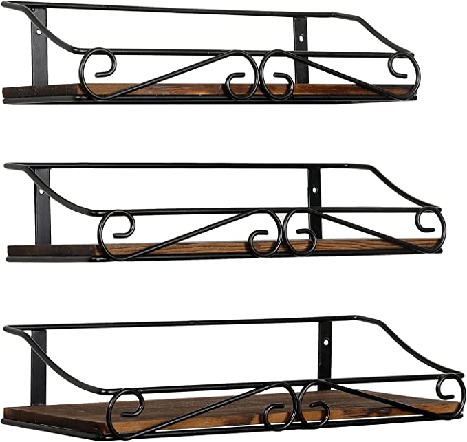 Rustic Burnt Wood Wall Mounted Spice Racks with Vintage Scrollwork Design, Set of 3-MyGift