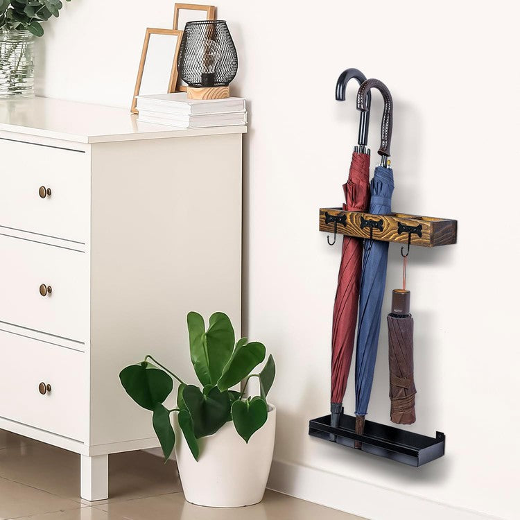 Wall Mounted Brown Wood Umbrella Holder with 3 Black Metal Hanger Hooks, 2 Piece Set-MyGift