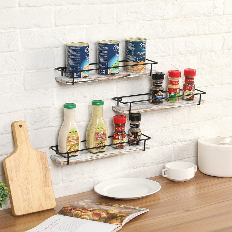 Set of 3, Whitewashed Wood and Industrial Matte Black Metal Wire Kitchen Wall Mounted Spice Racks-MyGift